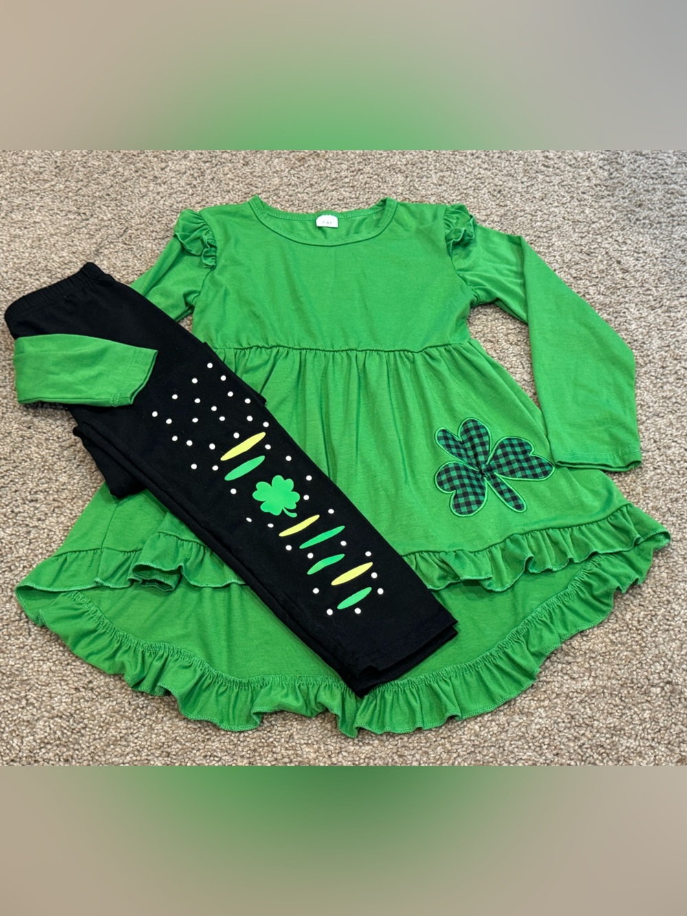 Girls Green Shamrock Ruffle Tunic & Black Leggings Matching Set Sz 7-8Y (7)